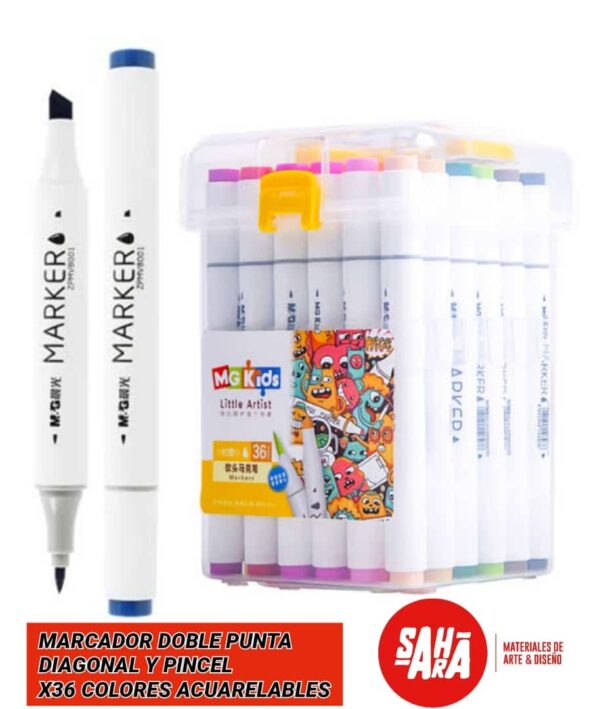 Marcador doble punta( pincel y biselada) Marker x36 plumones